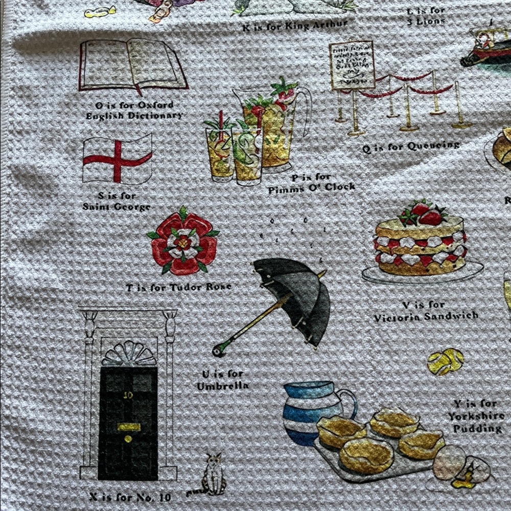 A Very English Alphabet Tea Towel - Illustrated White Cotton - Picture 2 of 7